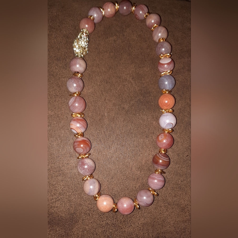 Banded agate set bead necklace pave crystal clasp matching gemstone earrings - Picture 10 of 16